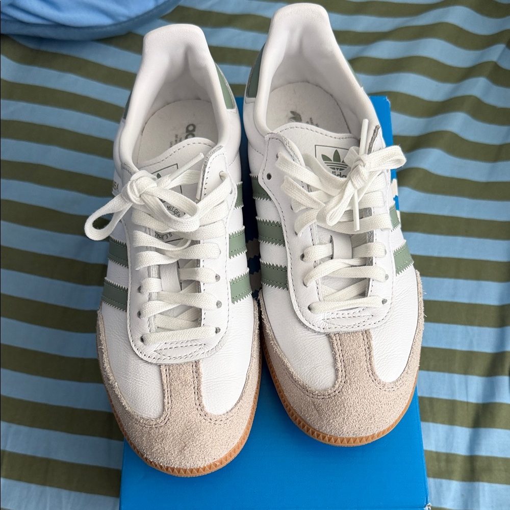 adidas White Sneakers with Sage Green Stripes and Beige Suede Accents